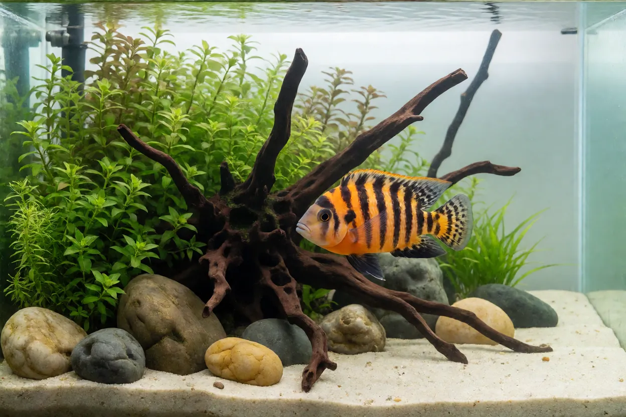 Jack Dempsey em aquário grande com rochas e troncos