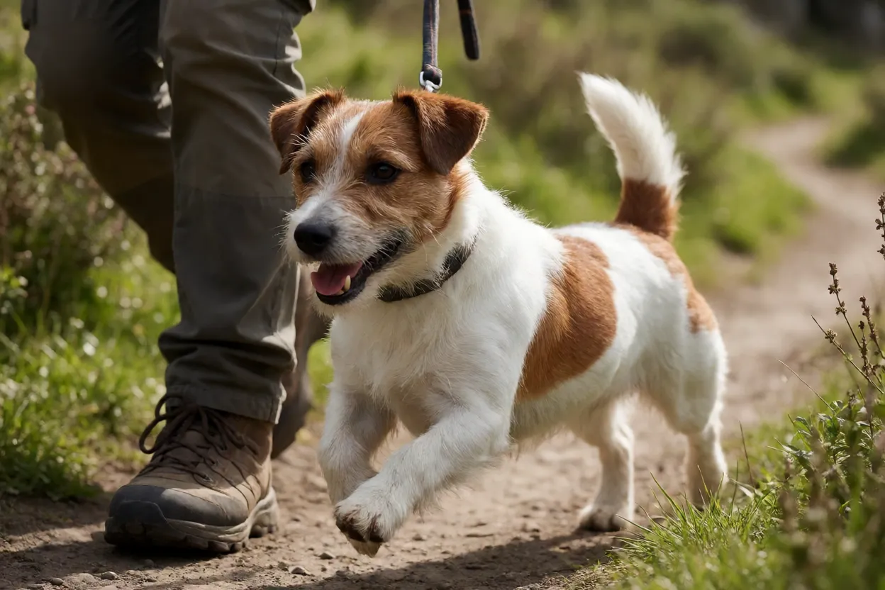 Jack Russell em trilha de caminhada com tutor