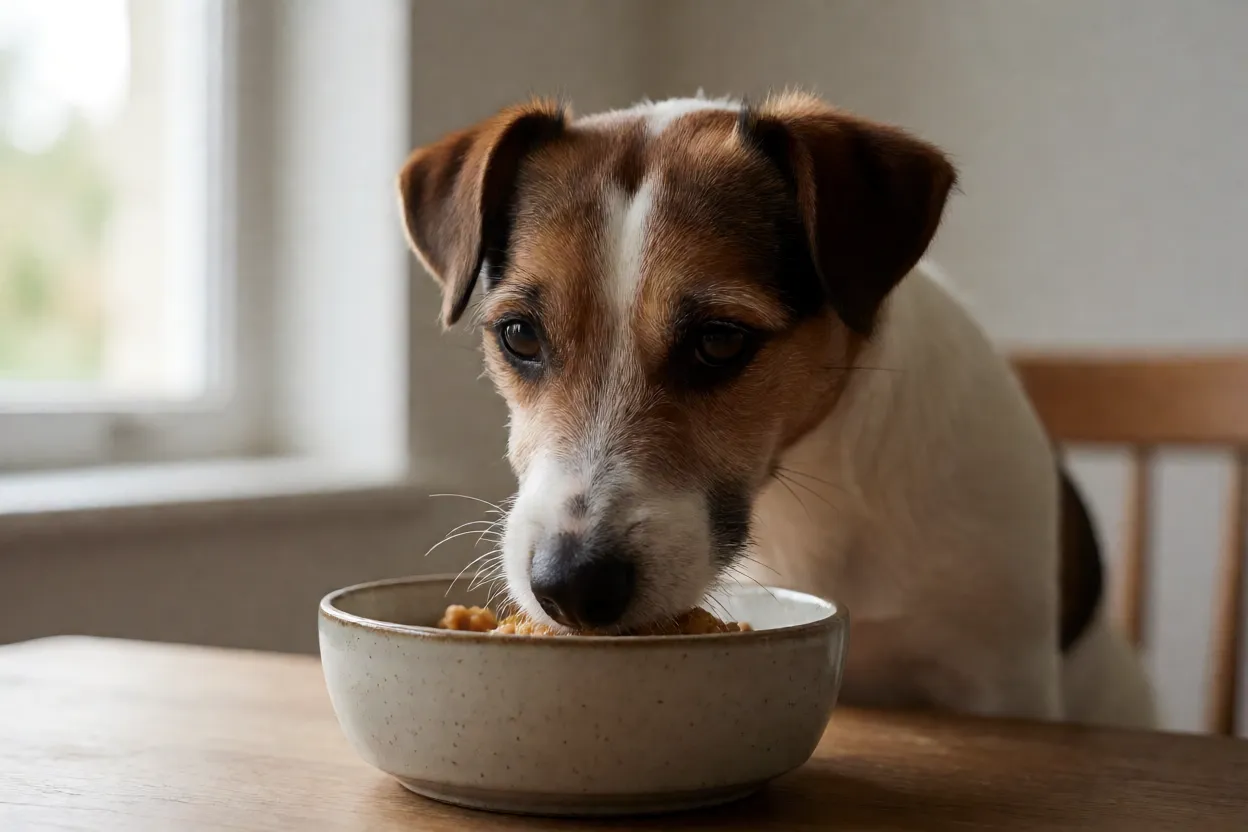Jack Russell comendo ra&ccedil;&atilde;o em comedouro