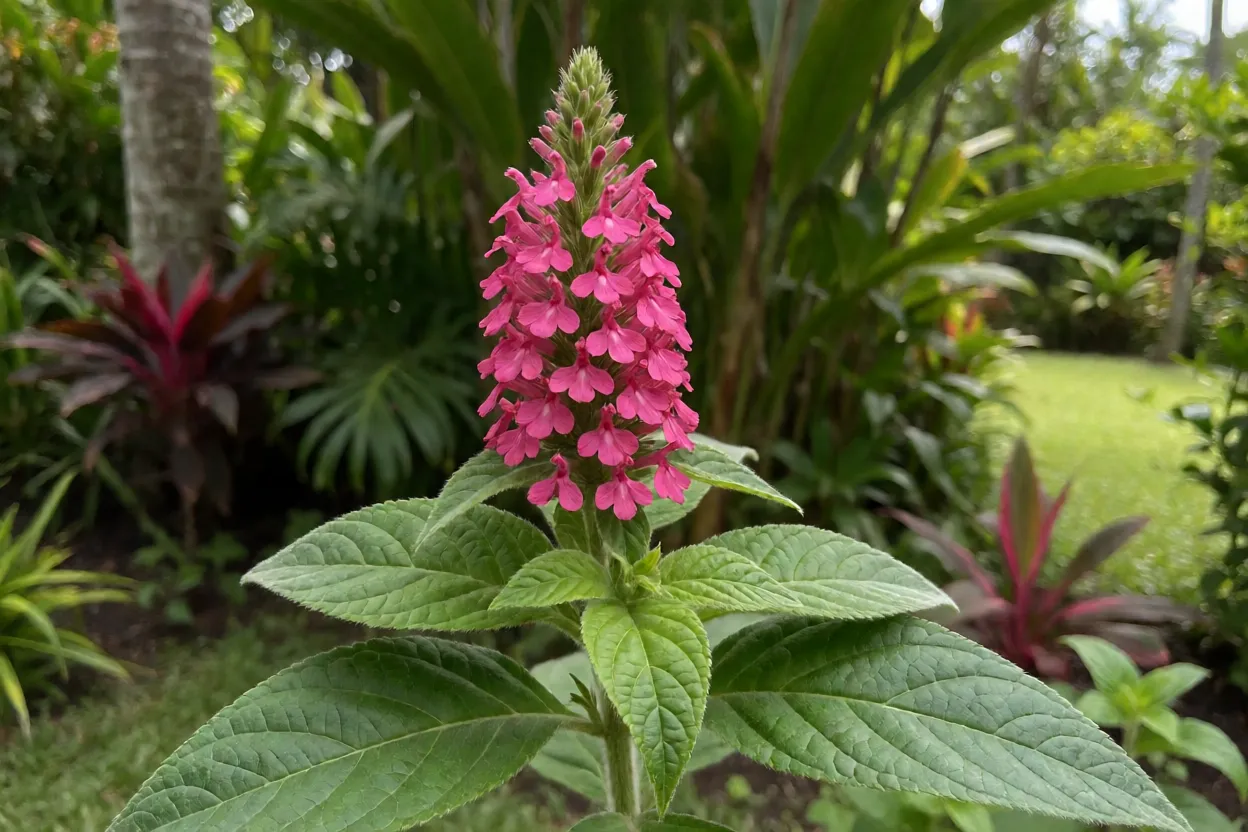 Jacobínia adulta florida no jardim com espigas rosas densas