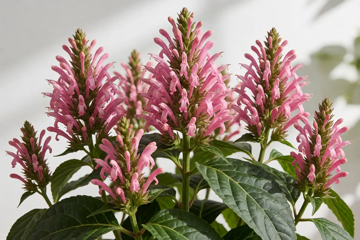 Jacob&iacute;nia com penachos de flores rosa intensas acima das folhas verdes grandes