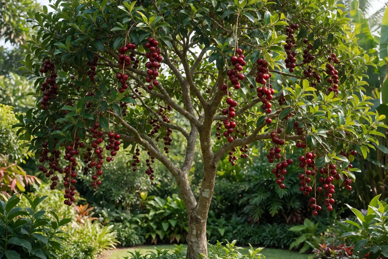 Jambeiro-vermelho carregado de frutos vermelhos pendentes no tronco e nos galhos