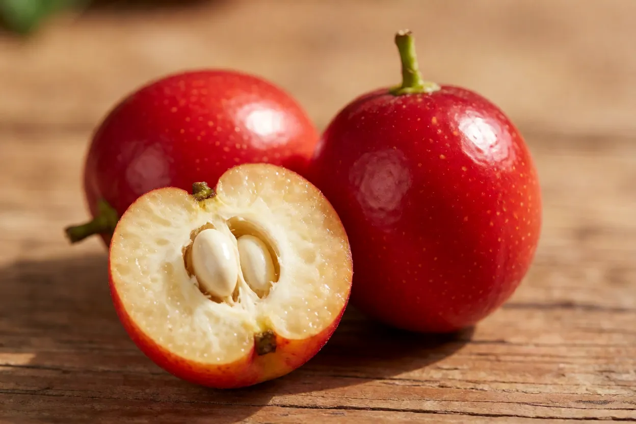 Jambo vermelho inteiro e cortado ao meio mostrando polpa suculenta e semente