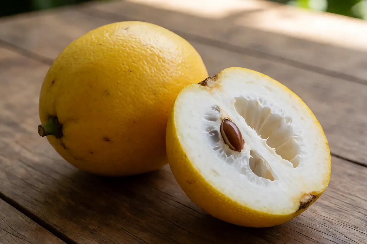 Jambo-amarelo inteiro e cortado ao meio mostrando polpa branca e semente