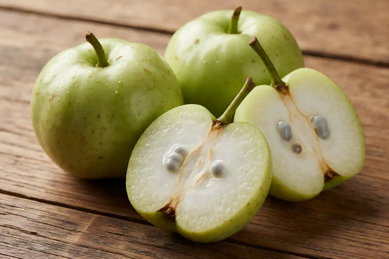 Frutos de jambo-branco inteiros e cortado ao meio mostrando polpa branca e suculenta