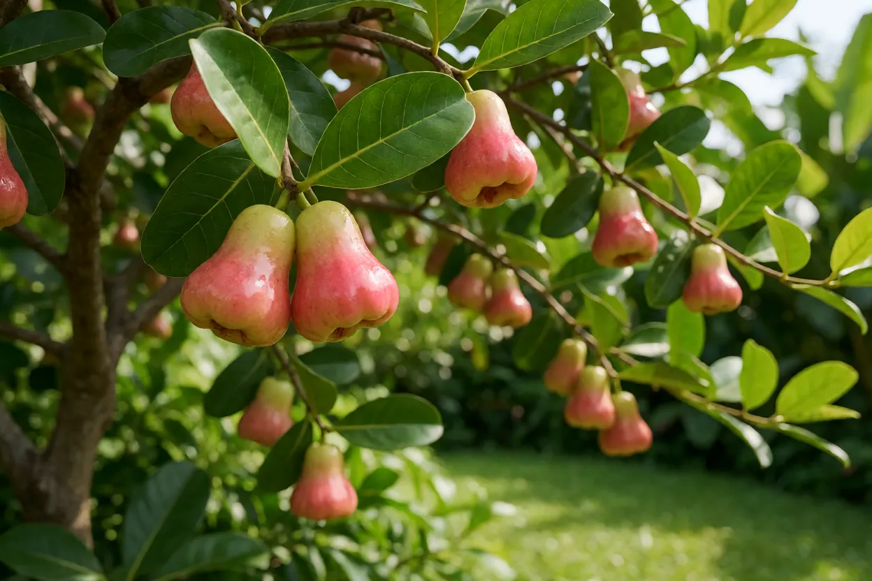 Árvore de jambo-da-índia carregada de frutos amarelo-rosados no pomar