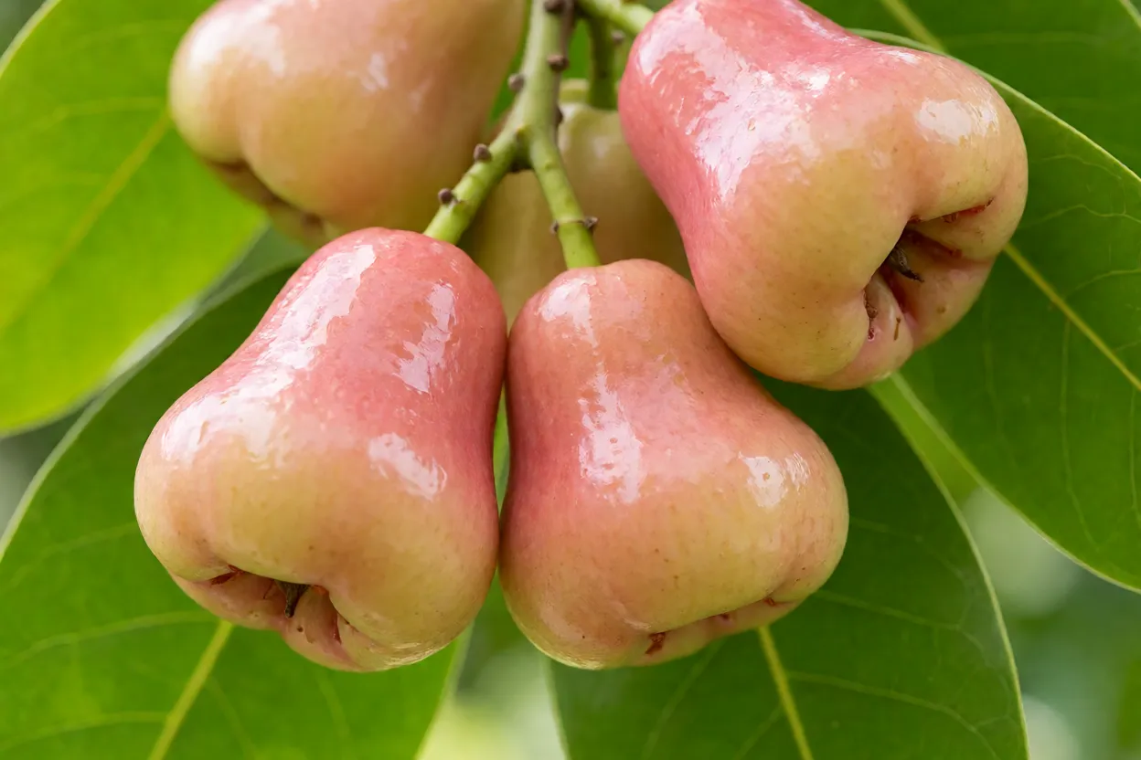 Frutos de jambo-da-índia na árvore mostrando formato de pera e casca cerosa