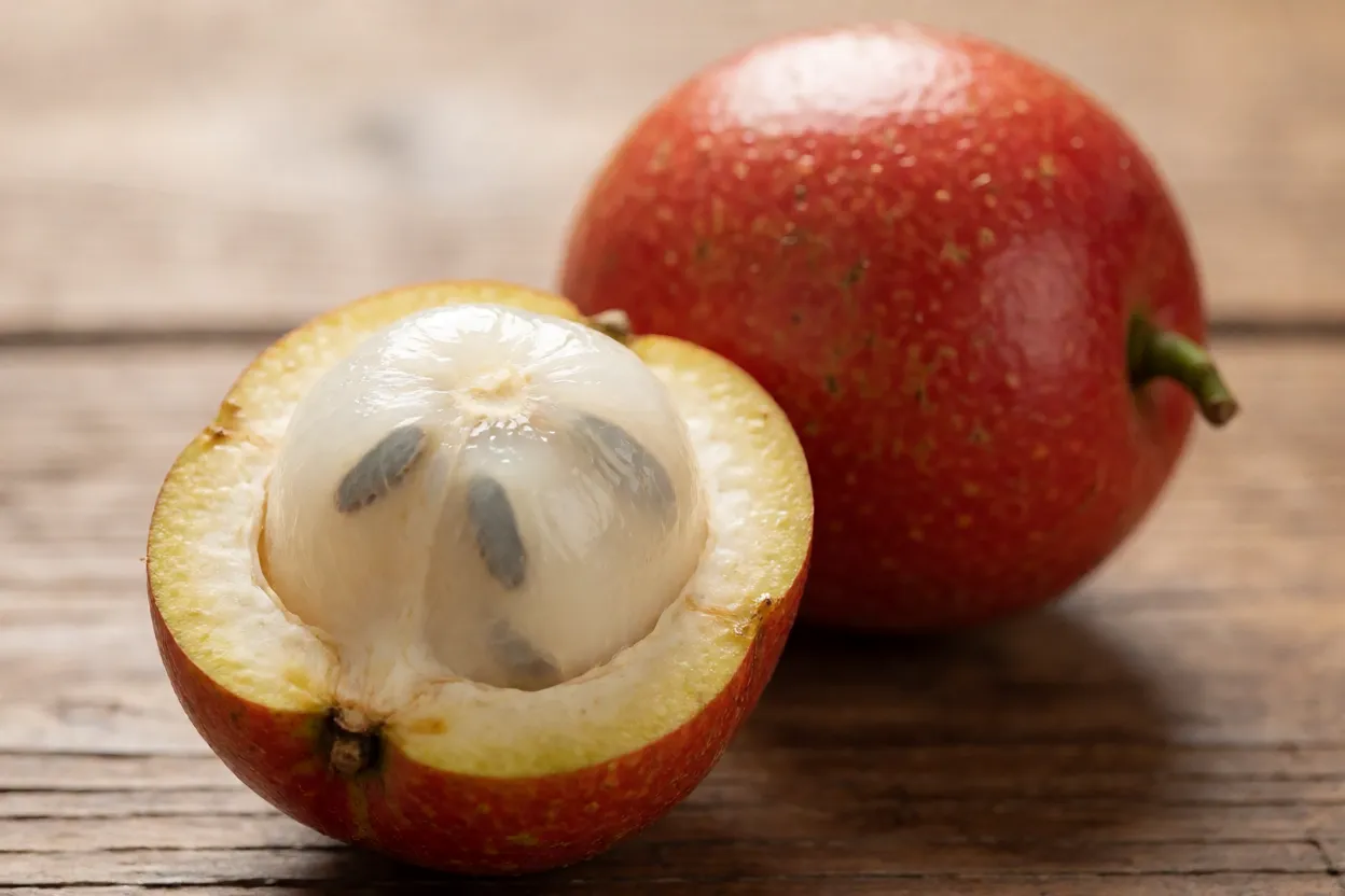 Jambo-rosa inteiro e cortado ao meio mostrando polpa branca suculenta