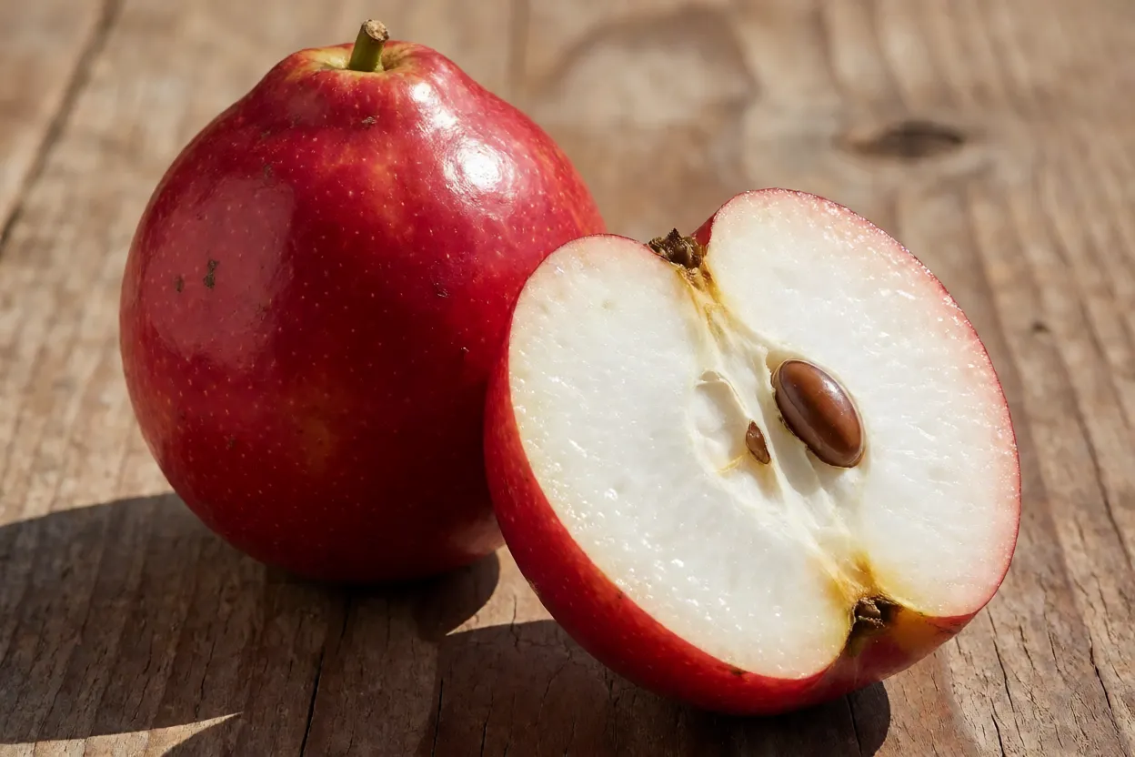 Jambo-vermelho inteiro e cortado ao meio mostrando polpa branca e semente