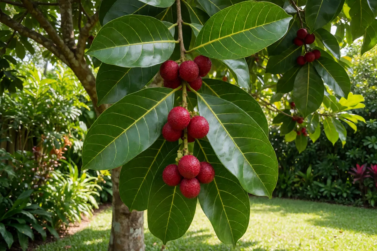 Jambeiro-vermelho carregado de frutos na árvore