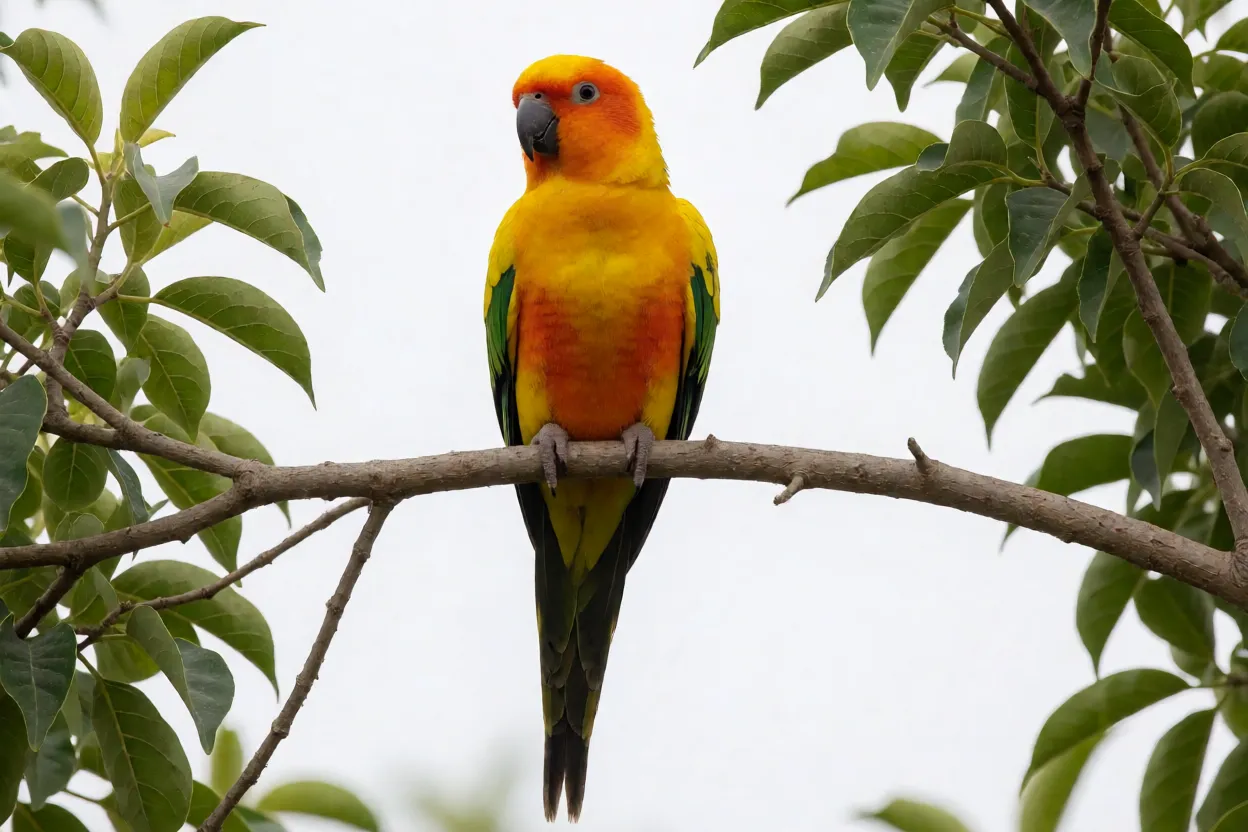 Jandaia-sol adulta empoleirada mostrando plumagem amarelo-ouro e asas verdes