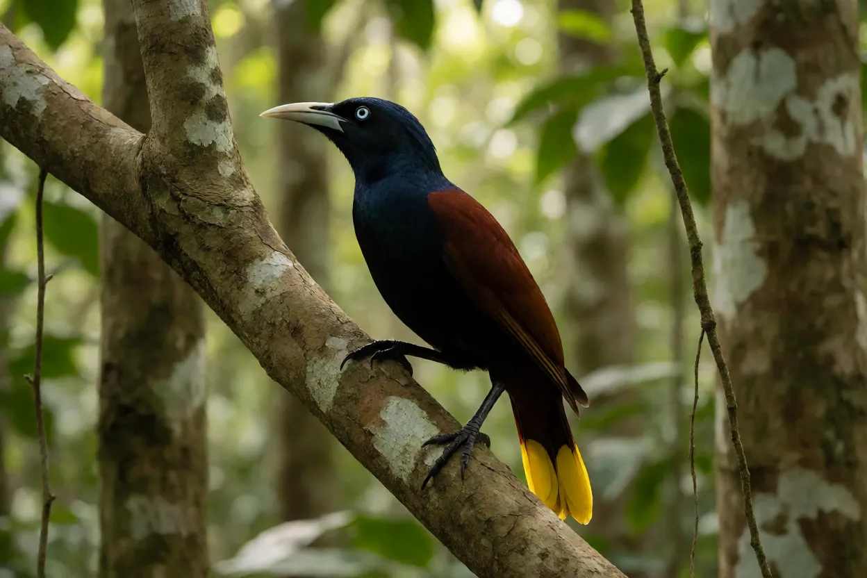 Japu Japu adulto pousado em galho alto mostrando plumagem preta, manto castanho e cauda amarela