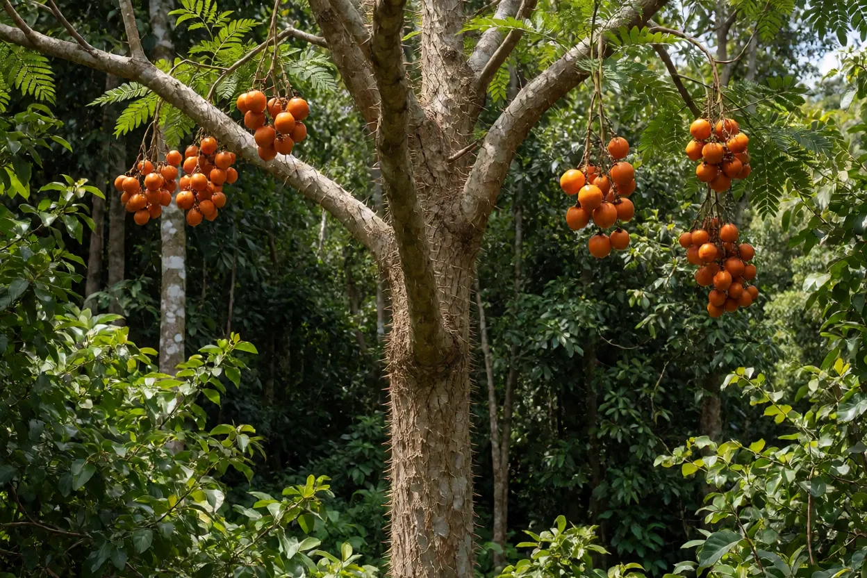 Árvore de jaracatiá com tronco espinhoso e frutos maduros pendentes