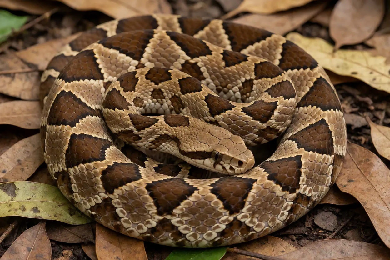 Jararaca adulta enrolada sobre a serrapilheira da Mata Atlântica