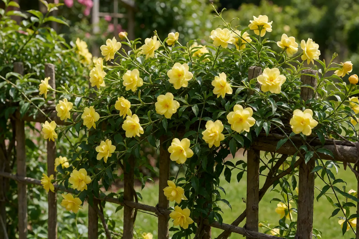 Jasmim-amarelo adulto florido cobrindo cerca de jardim com flores amarelas