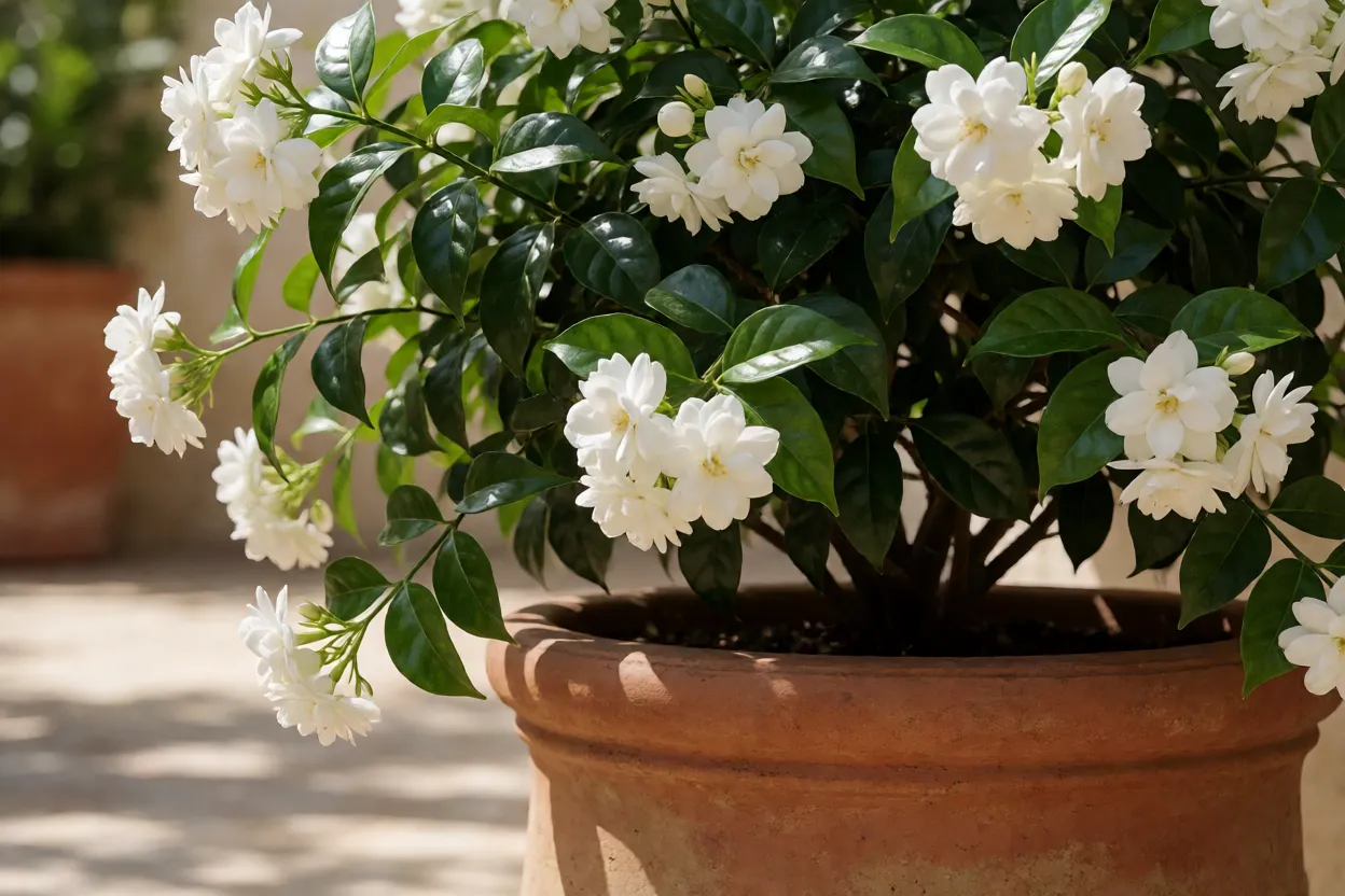 Jasmim-árabe florido em vaso grande ao sol