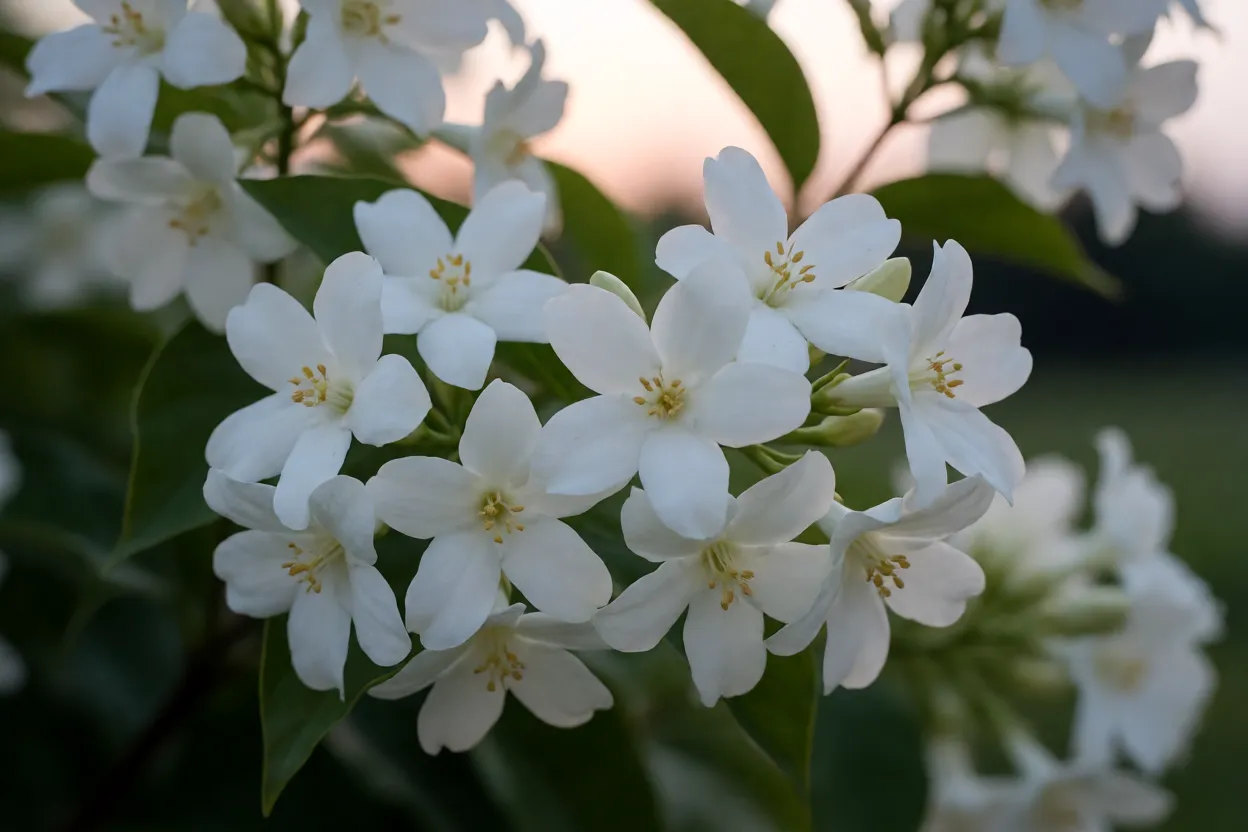 Flores brancas do jasmim-&aacute;rabe liberando perfume ao entardecer