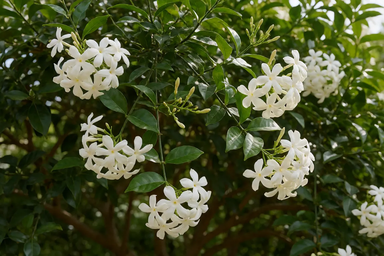 Arbusto de jasmim-&aacute;rabe com ramos flex&iacute;veis e flores em cacho