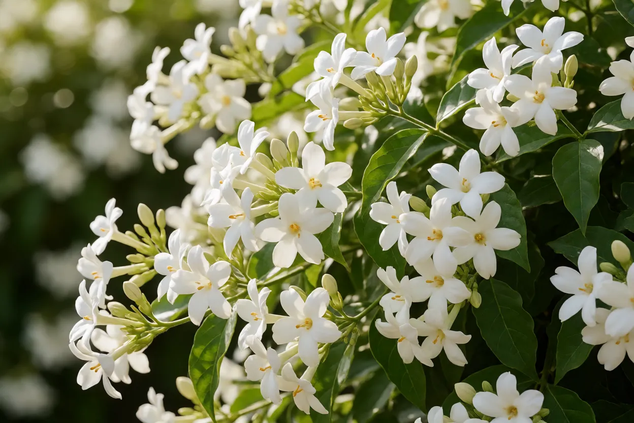 Jasmim-&aacute;rabe cultivado em local ensolarado com flores abundantes