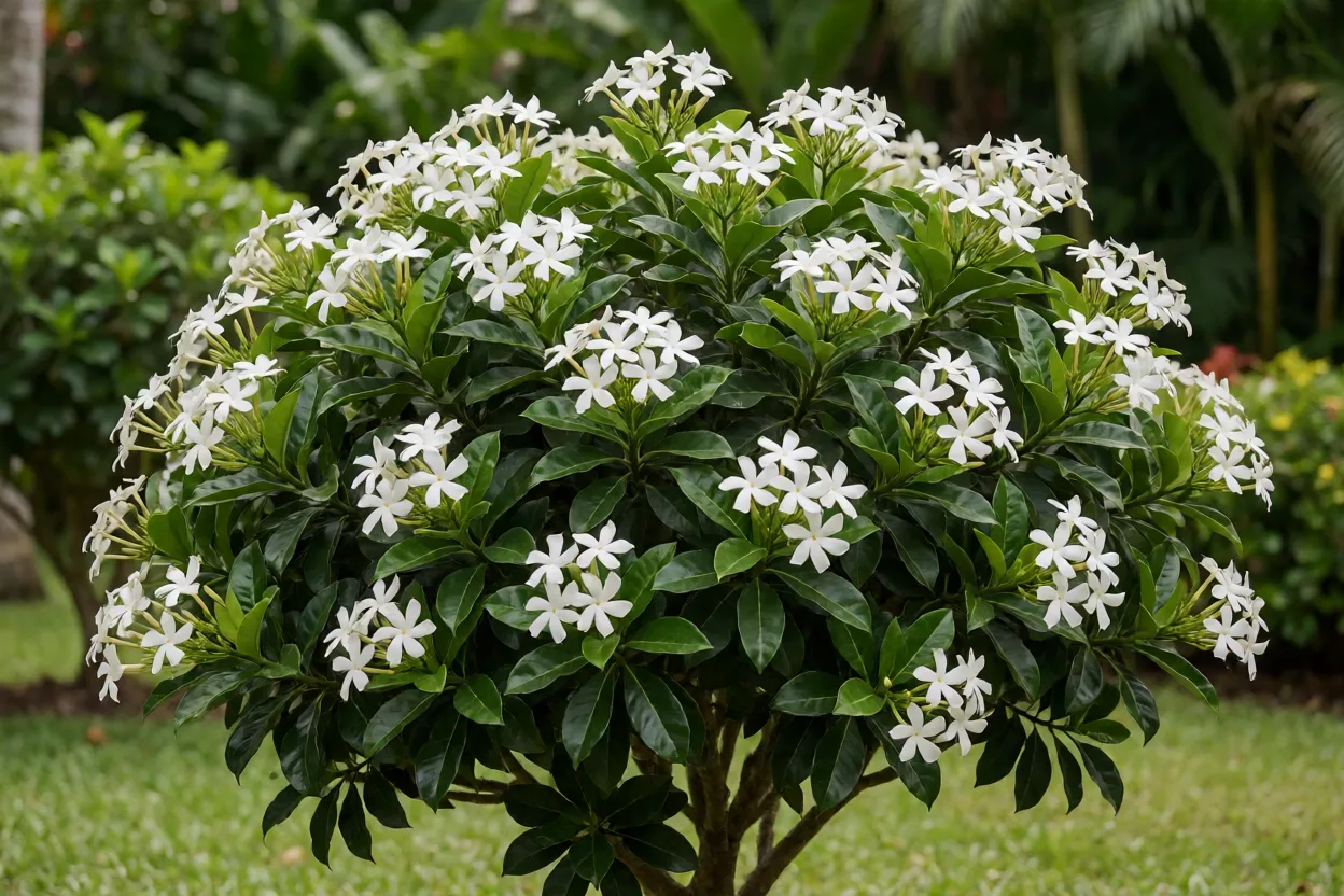 Jasmim-café arbusto florido no jardim com flores brancas em forma de cata-vento