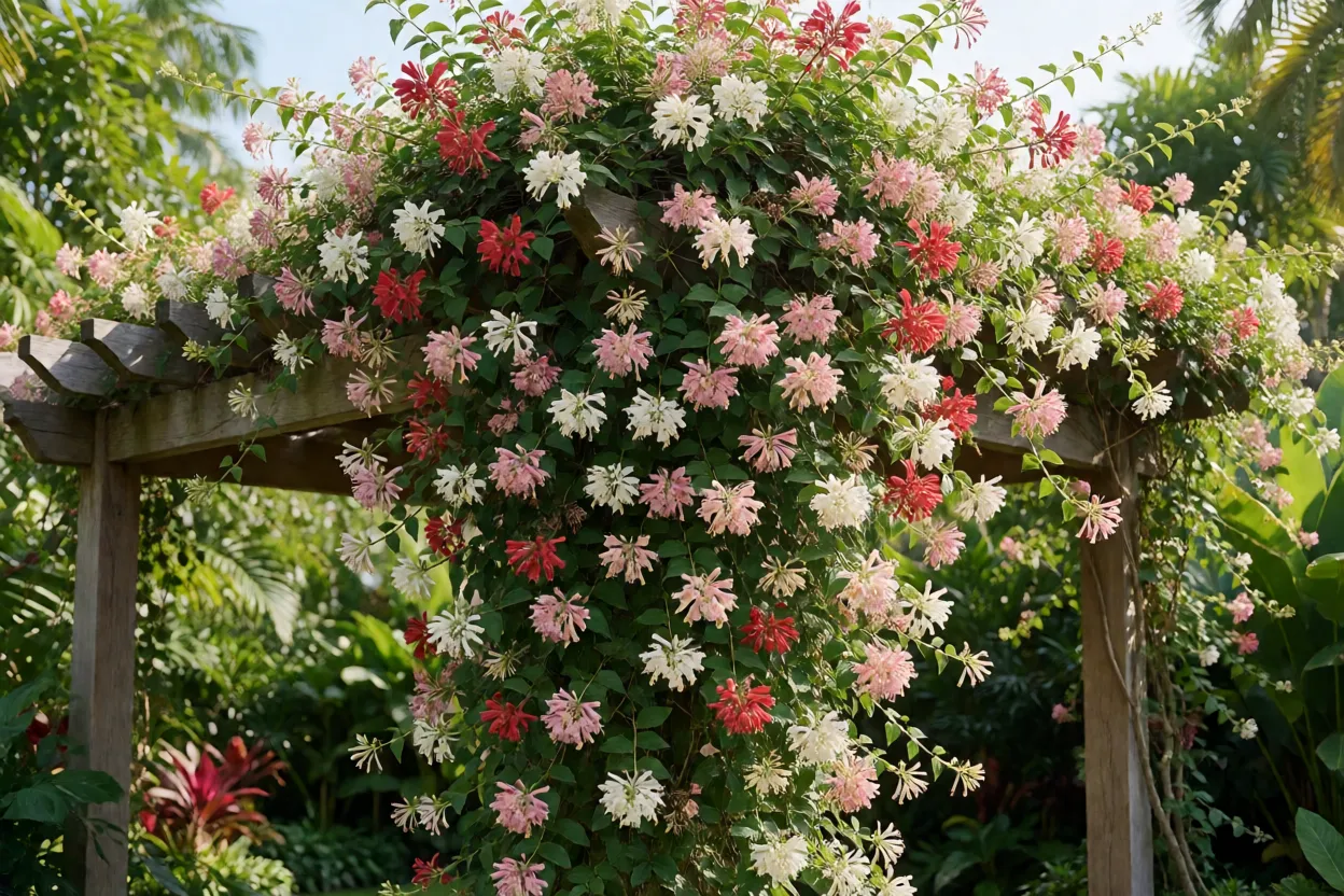 Jasmim-da-índia adulto cobrindo pérgola com flores brancas, rosas e vermelhas