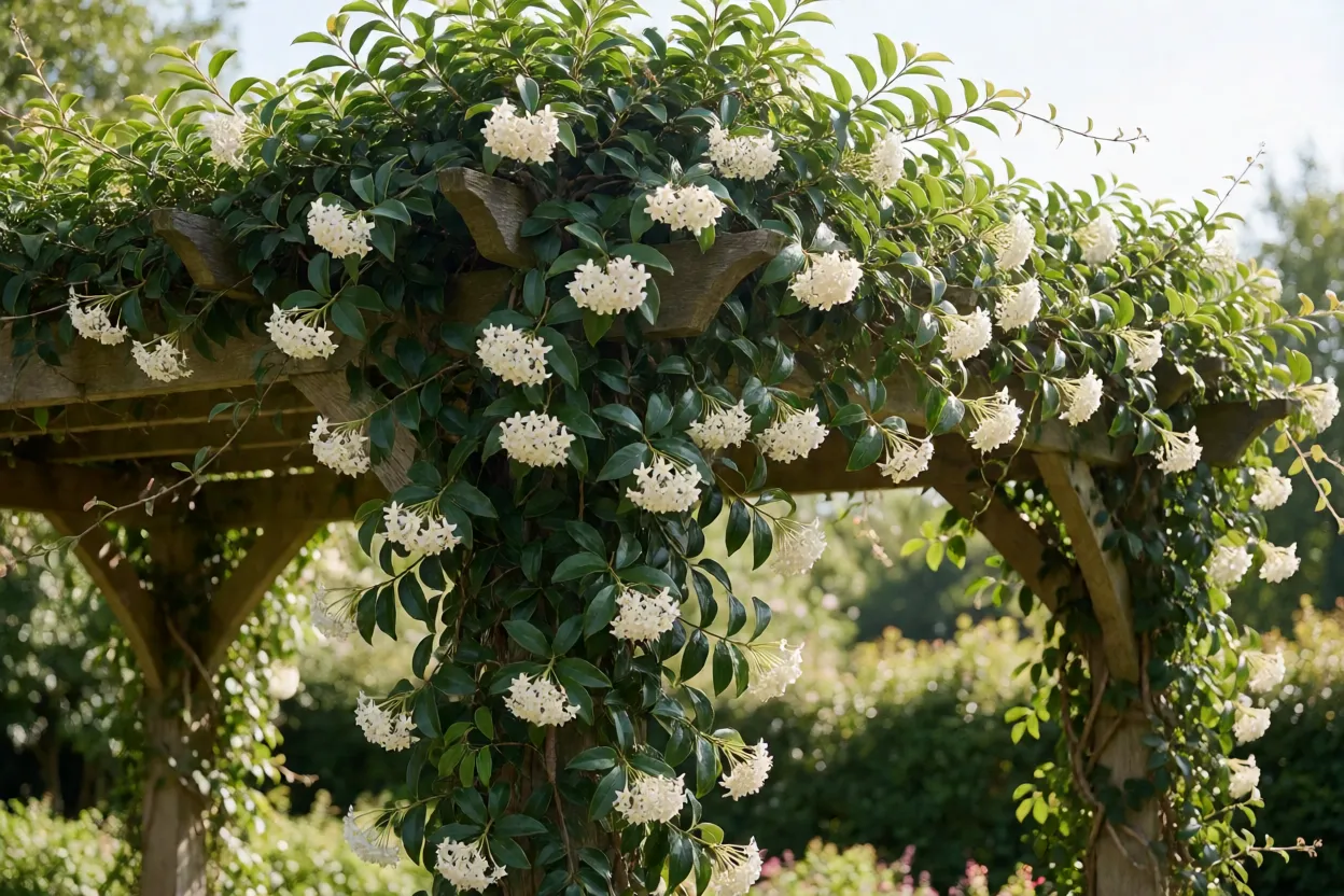 Jasmim-de-madagascar adulto cobrindo pérgola com flores brancas cerosas