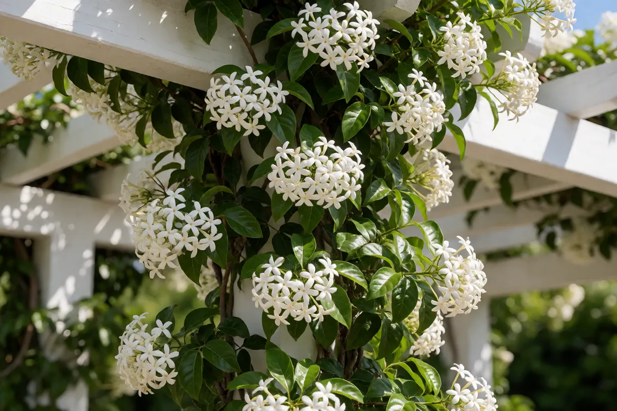 Jasmim-dos-açores florido cobrindo pérgola branca no jardim