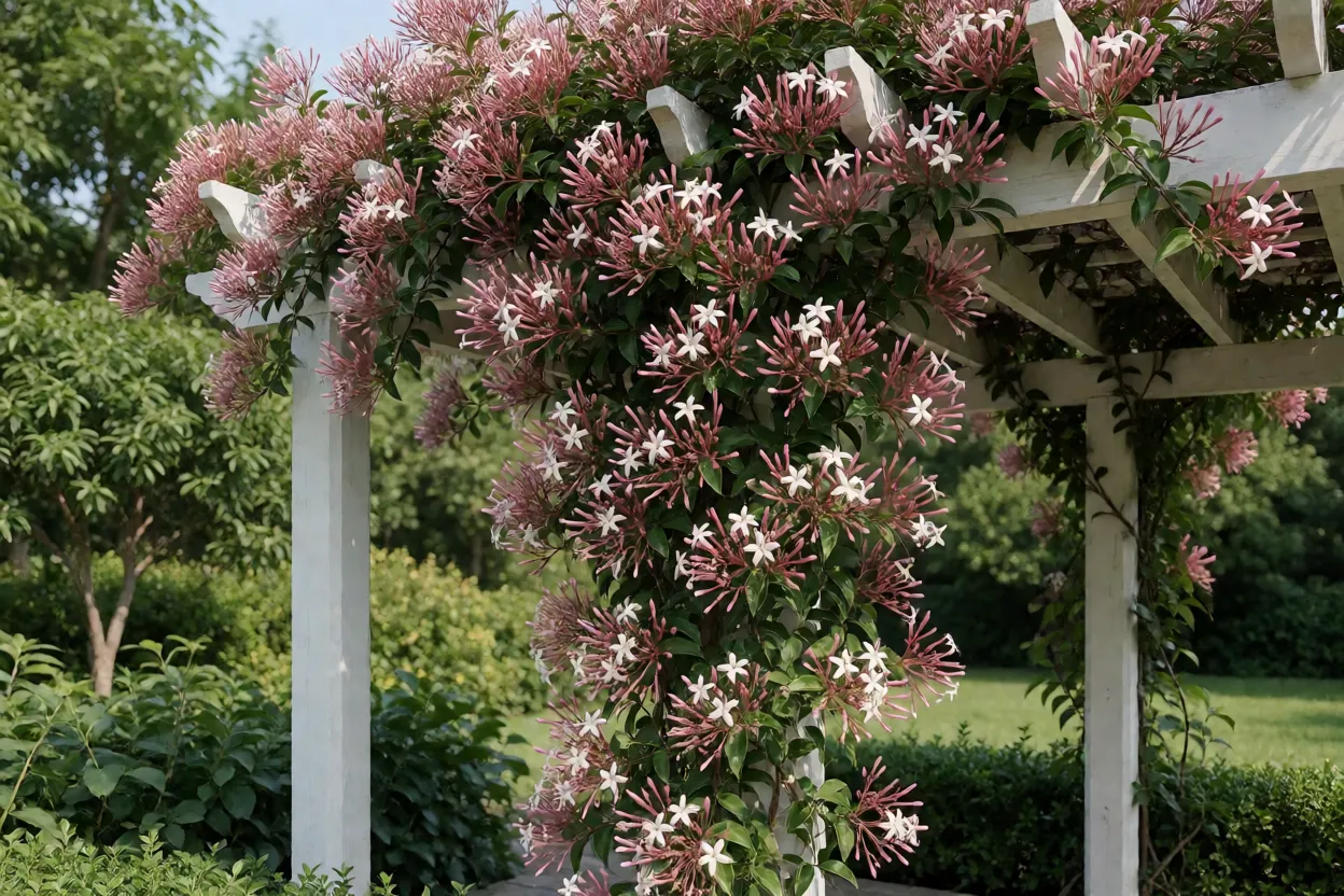 Jasmim-dos-poetas adulto cobrindo pérgola com flores brancas e botões rosados