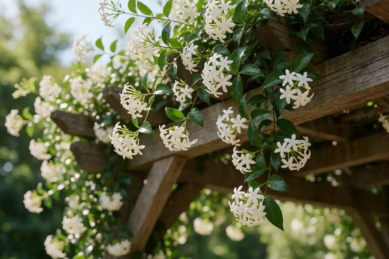 Jasmim-estrela florido cobrindo pérgola de madeira no jardim