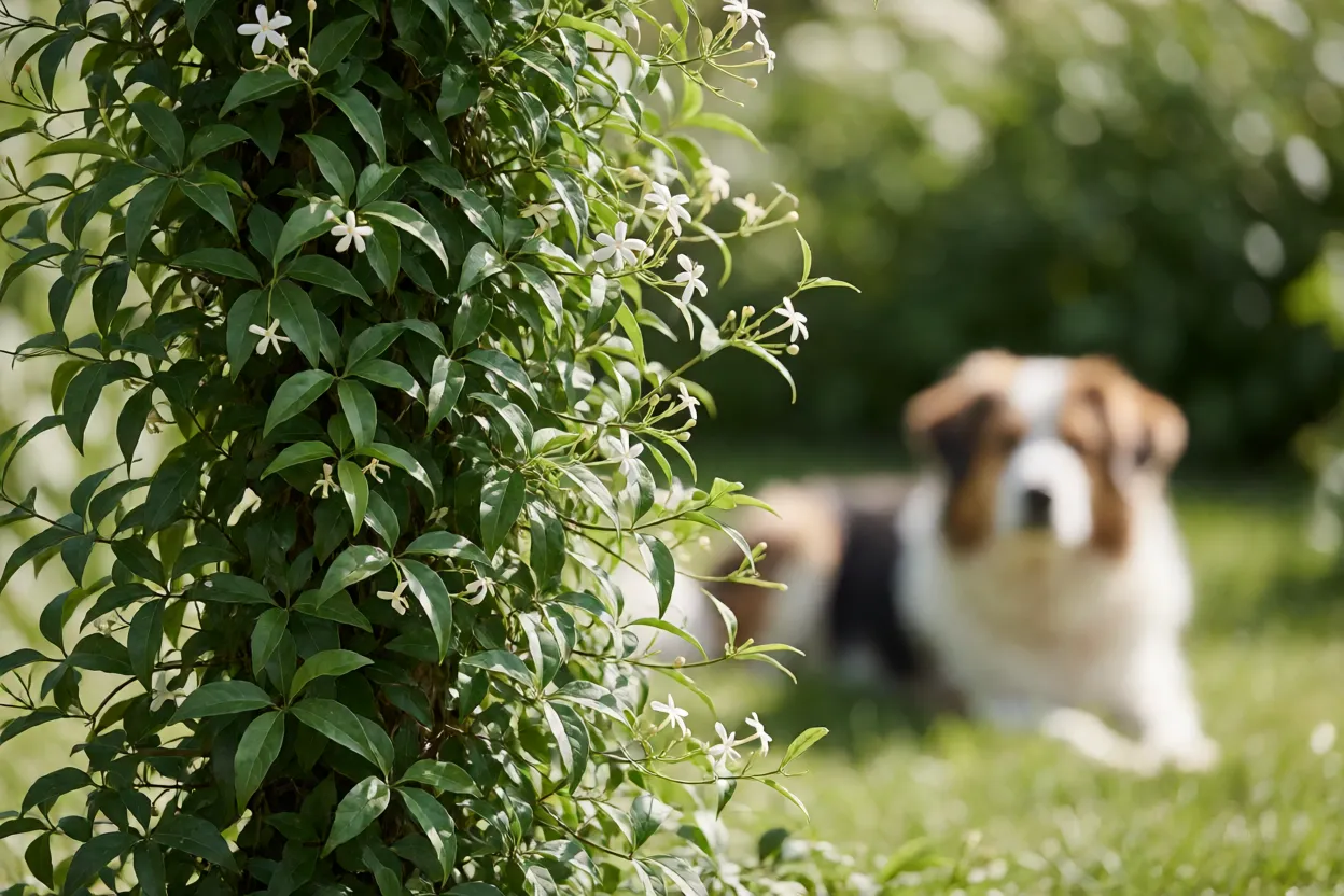 Jasmim-estrela em jardim com c&atilde;o ao fundo, planta segura para pets