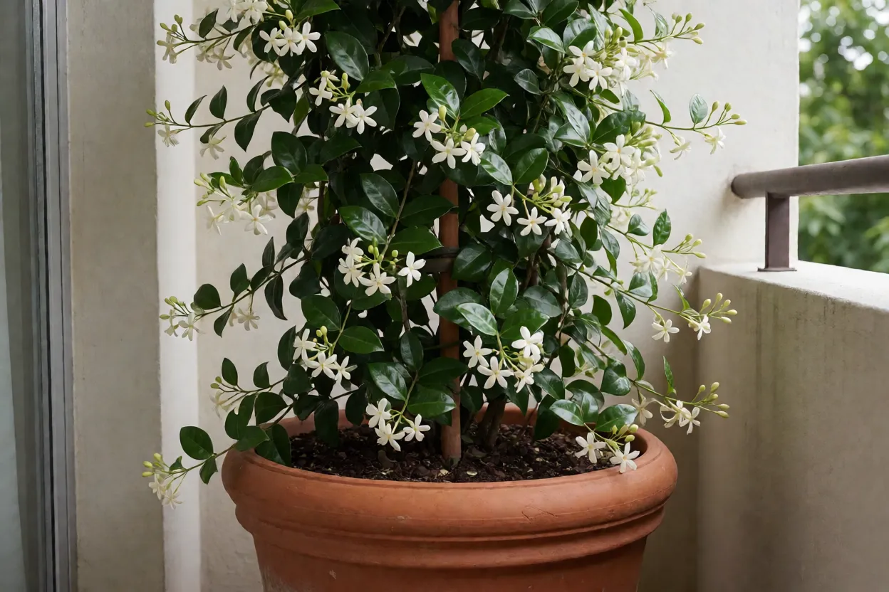 Jasmim-estrela cultivado em vaso grande em varanda