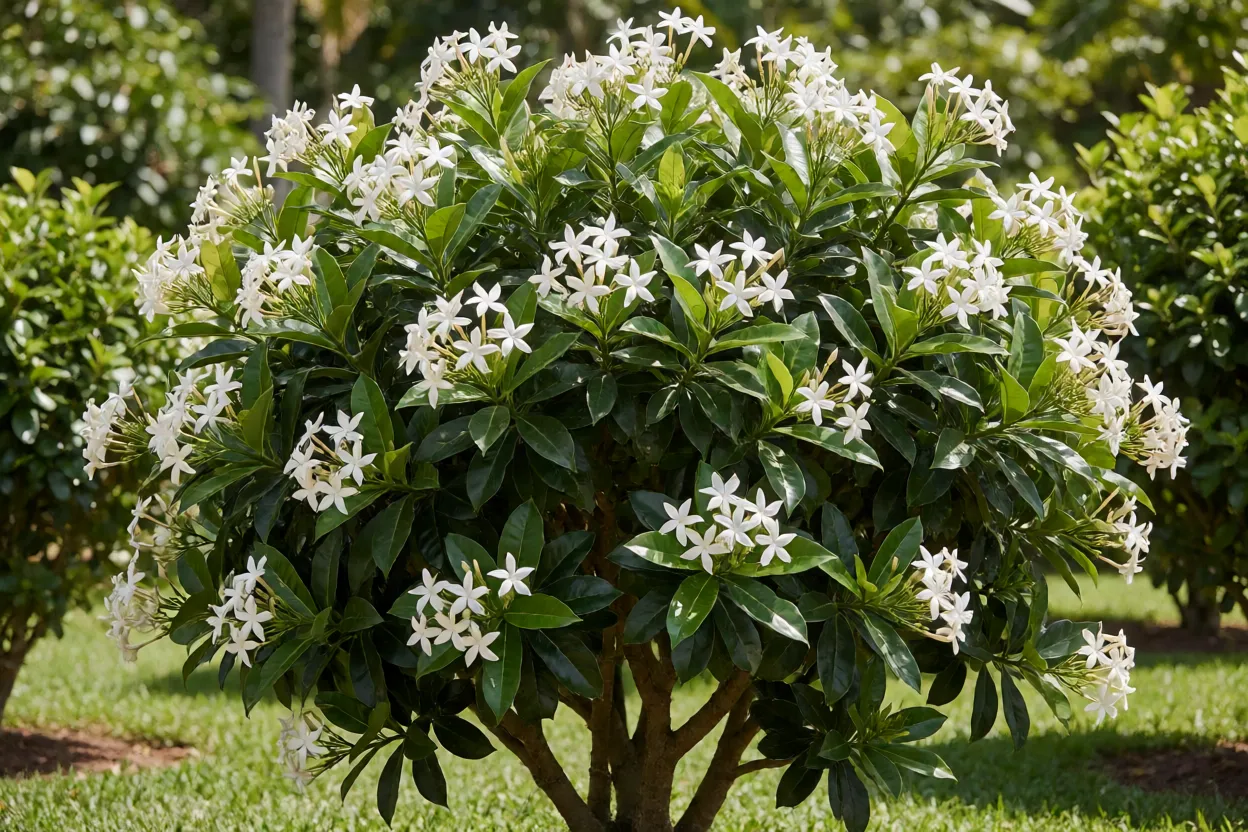 Jasmim-leite Jasmim-leite adulto florido no jardim a sol pleno com flores brancas