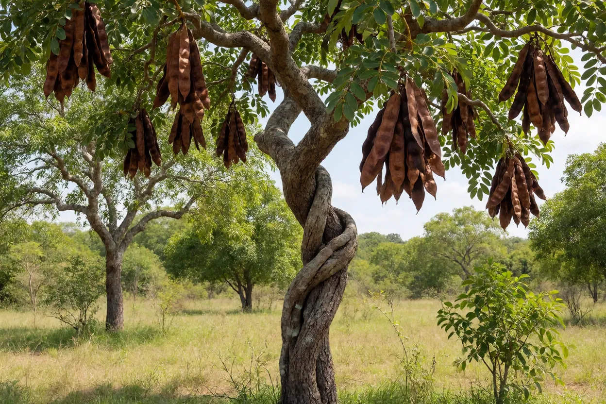 Árvore de jatobá-do-cerrado com frutos pendentes no Cerrado