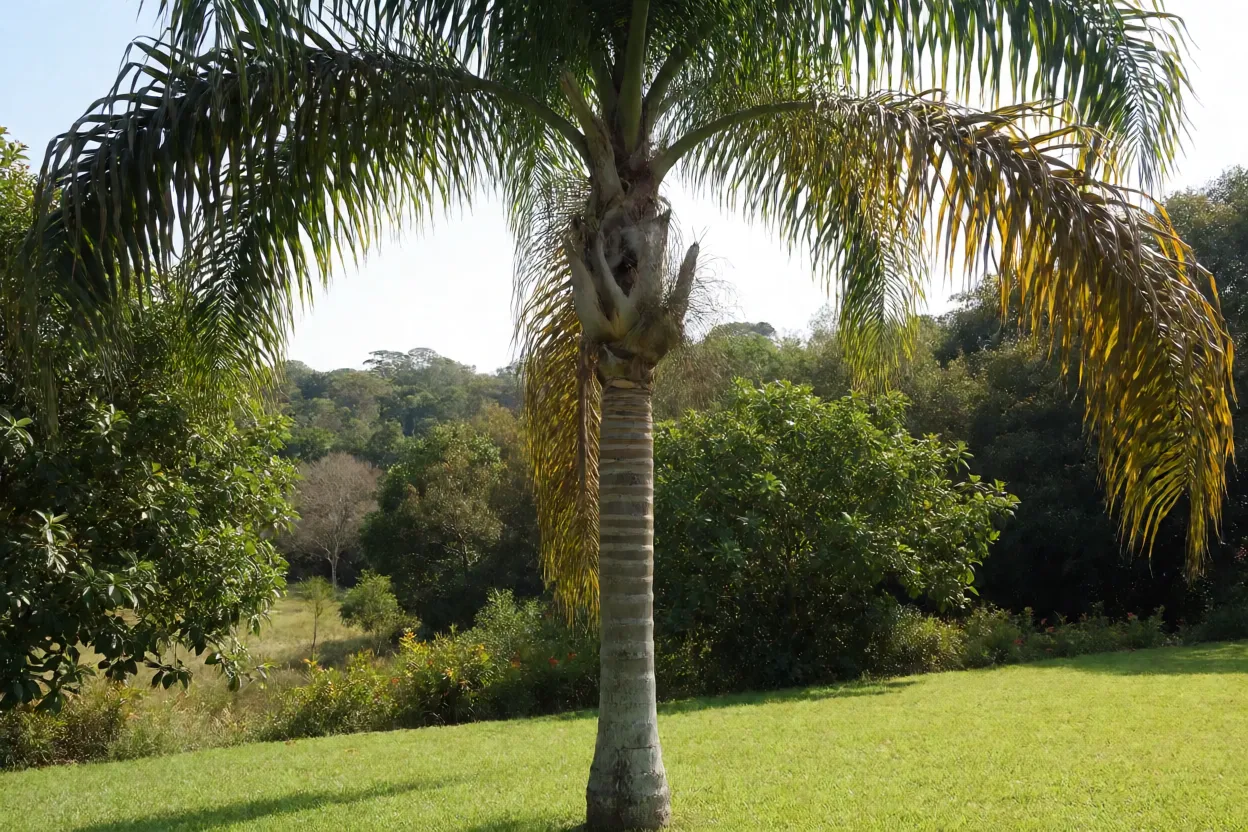 Jerivá adulto de grande porte no jardim com tronco acinzentado e copa plumosa