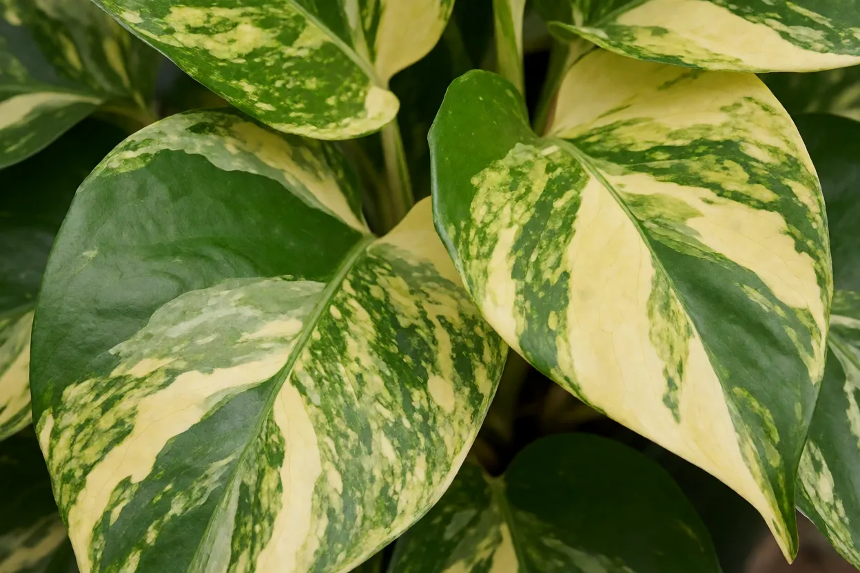 Close-up das folhas variegadas da jibóia com manchas amarelas e creme