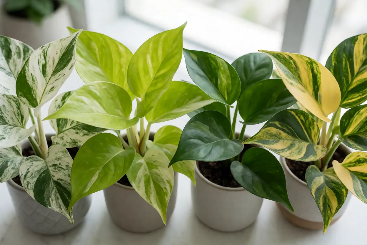 Variedades de jibóia Marble Queen, Neon, Jade e Golden lado a lado