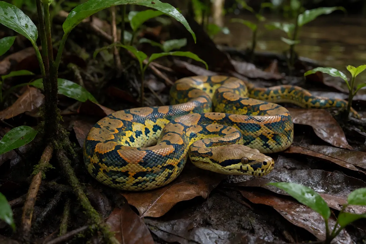 Jiboia-arco-íris em habitat natural na margem de igarapé na Amazônia