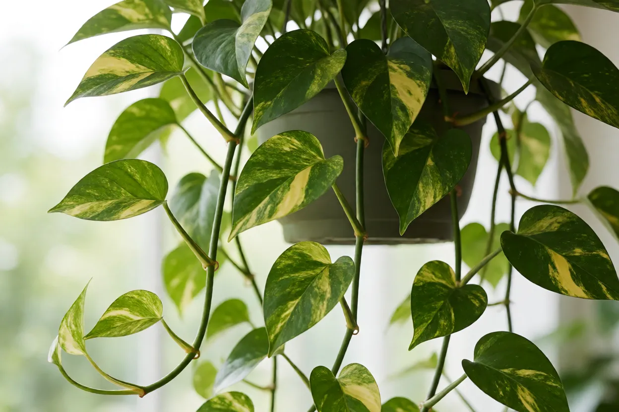 Jib&oacute;ia Epipremnum aureum com folhas variegadas em vaso pendente