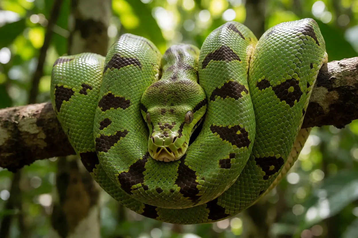Jiboia-de-Madagascar adulta enrolada em galho na floresta úmida