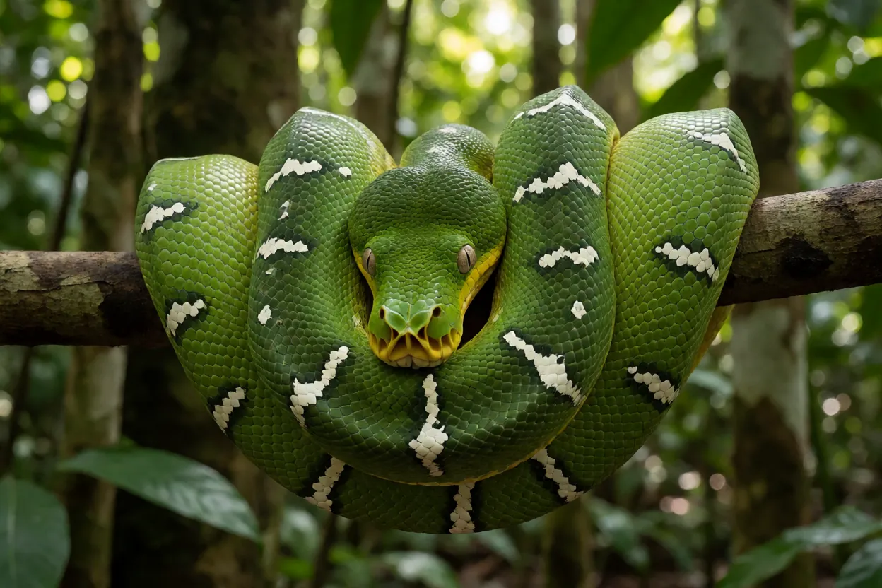 Jiboia-esmeralda adulta enrolada em galho na Amazônia com coloração verde-esmeralda e manchas brancas
