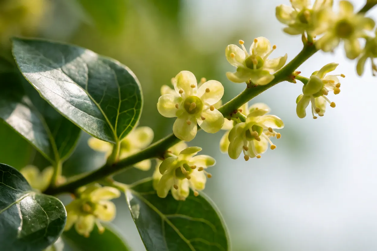 Flores pequenas amarelo-esverdeadas e folhas brilhantes da jujubeira