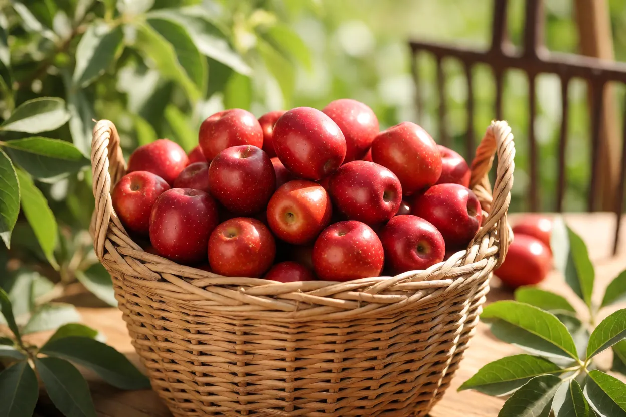 Cesta de colheita com jujubas frescas recém-colhidas