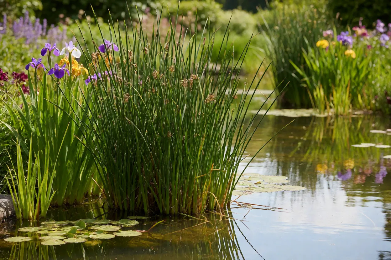 Composi&ccedil;&atilde;o paisag&iacute;stica com junco em lago ornamental ao lado de &iacute;ris e outras plantas de margem