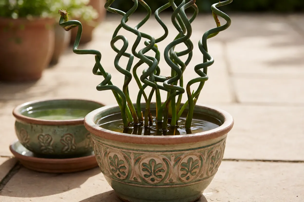 Junco rizado Spiralis cultivado em vaso decorativo com prato de &aacute;gua