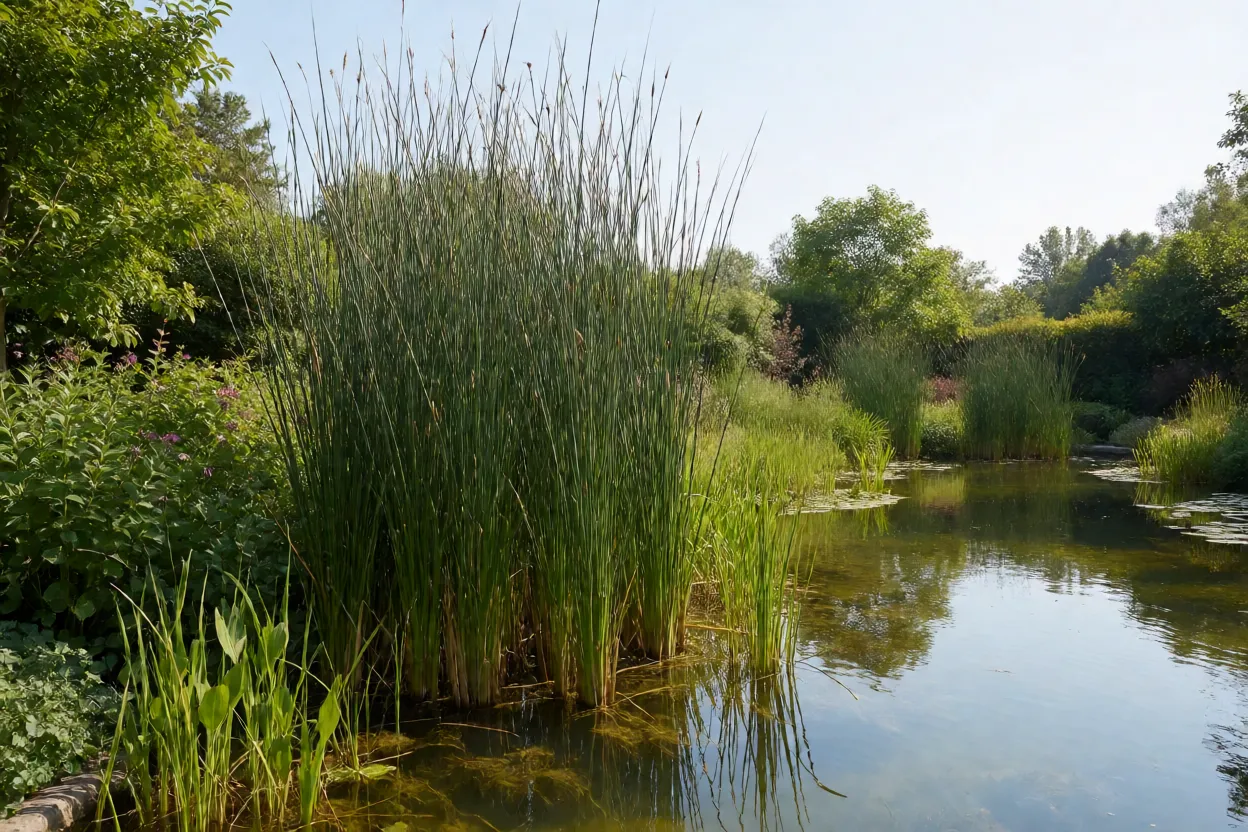 Jardim aqu&aacute;tico completo com junco como elemento vertical principal