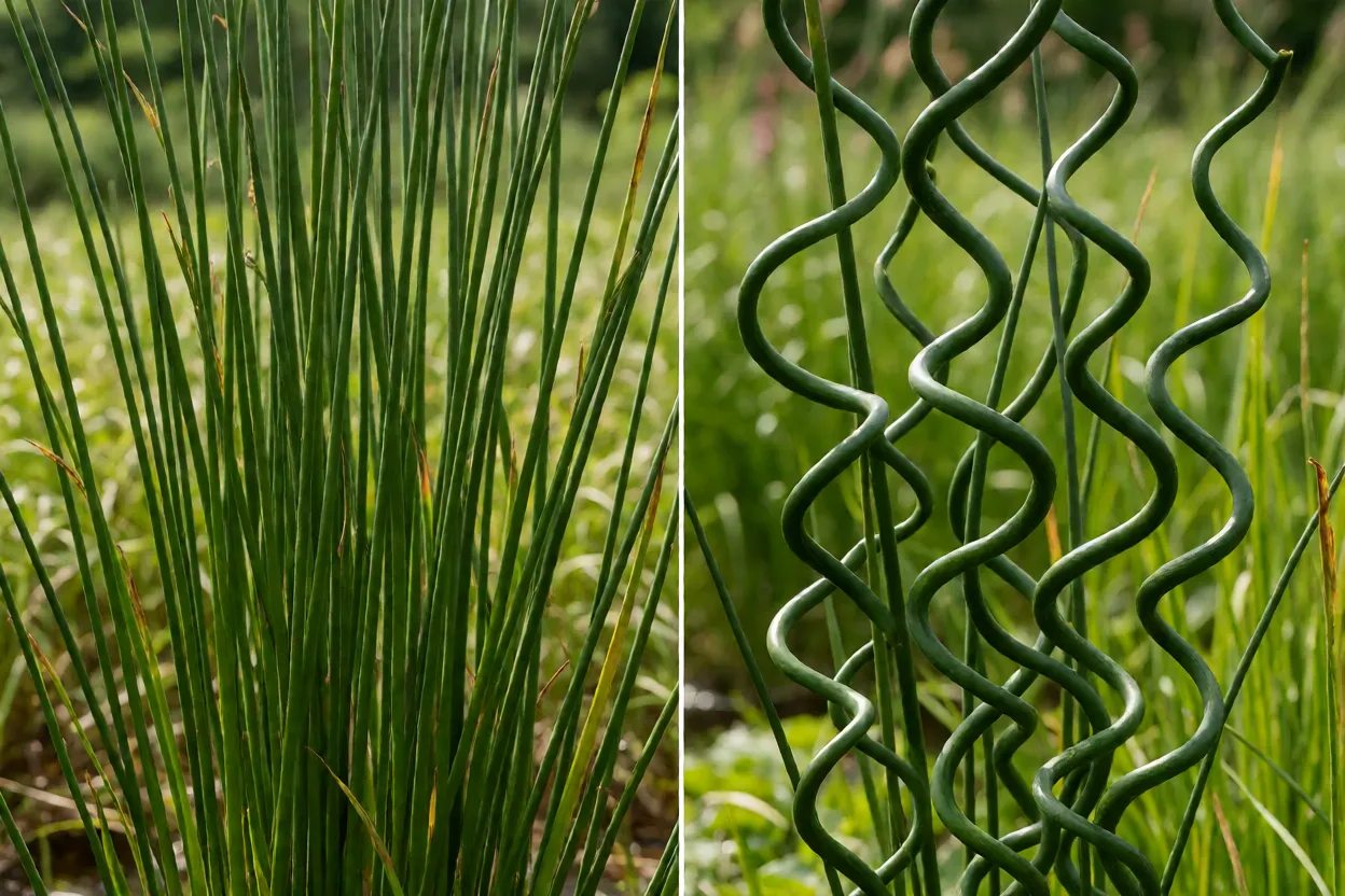 Comparativo visual entre Juncus effusus comum e a variedade Spiralis com hastes enroladas