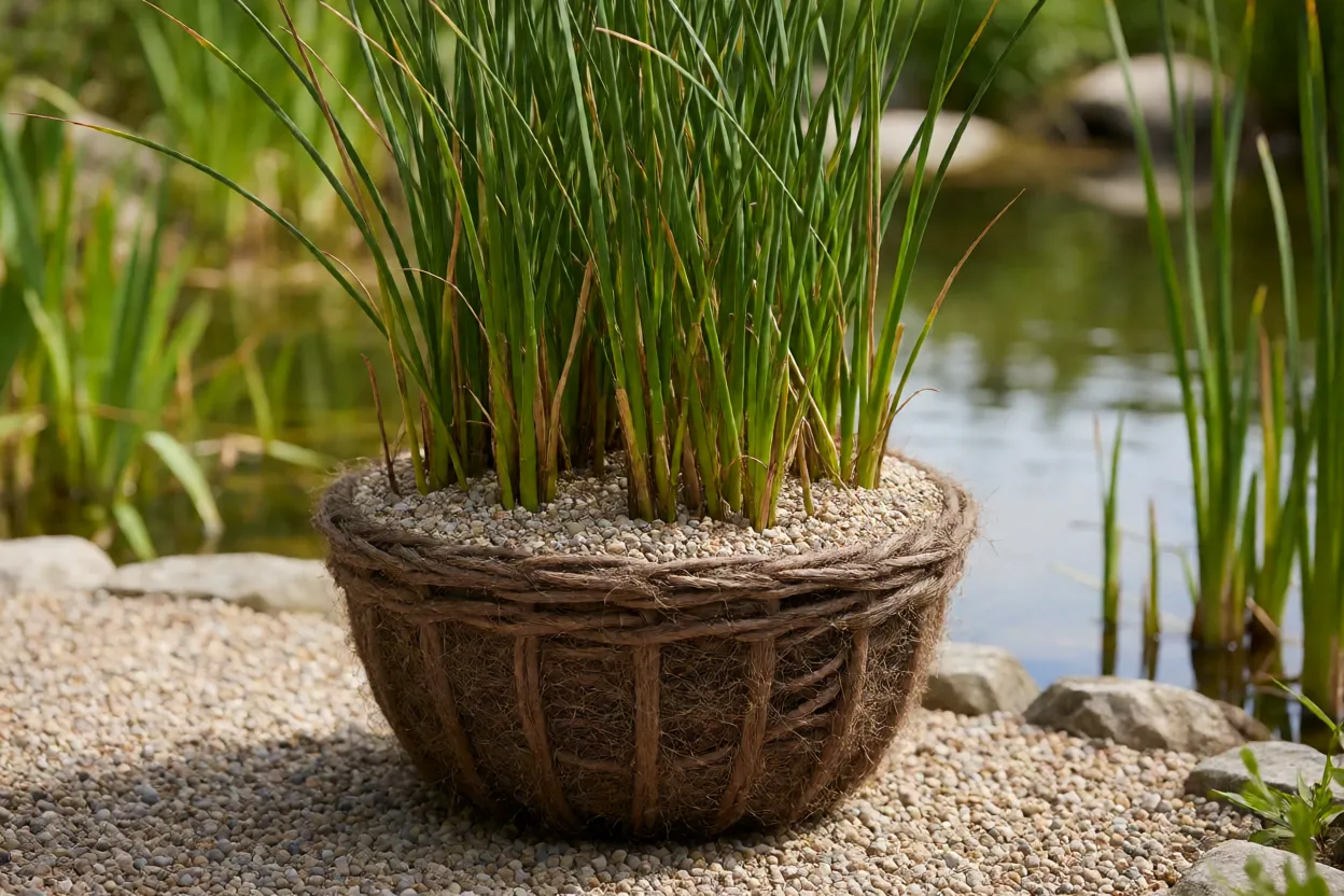 Cesta de plantio para lago com junco e cobertura de cascalho fino
