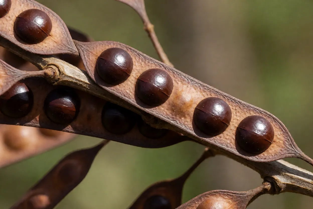 Vagens achatadas e sementes da jurema-preta