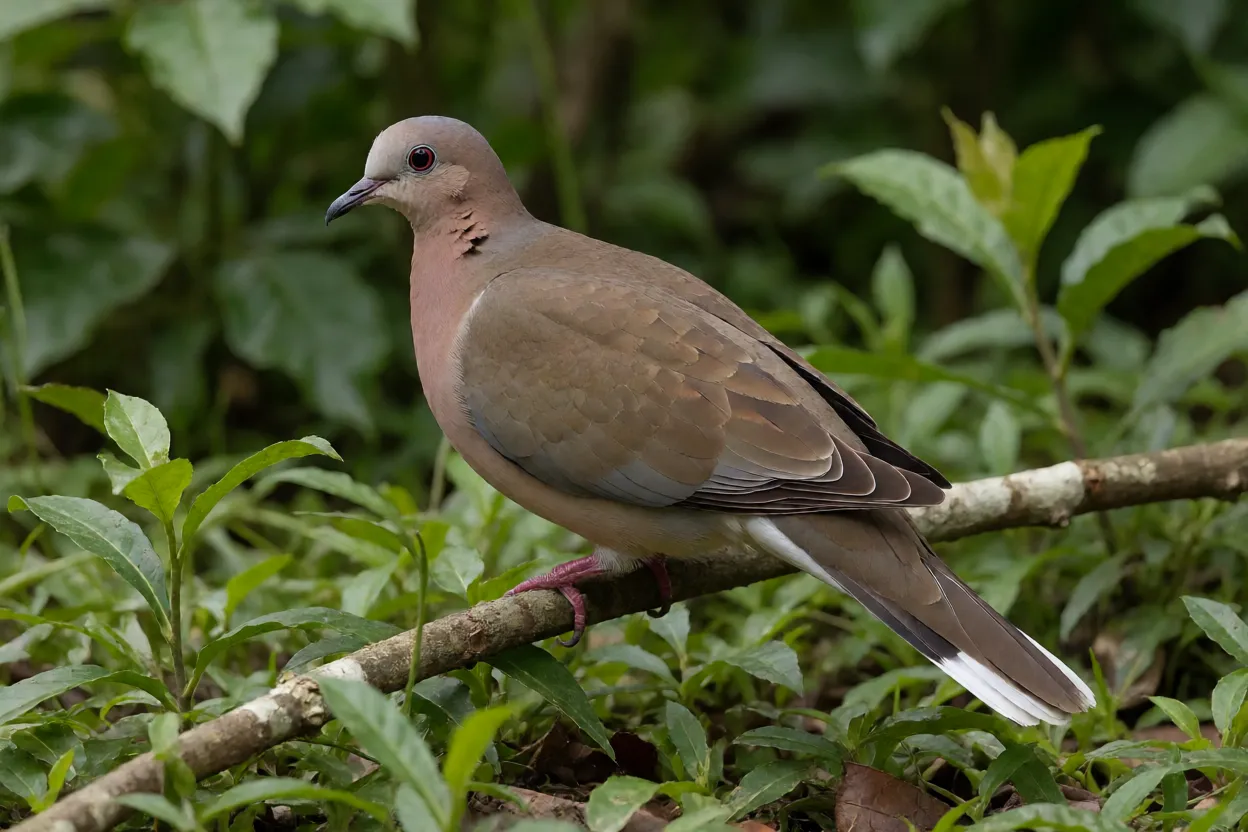 Juriti-pupu pousada em galho baixo na mata, mostrando plumagem marrom e peito rosado
