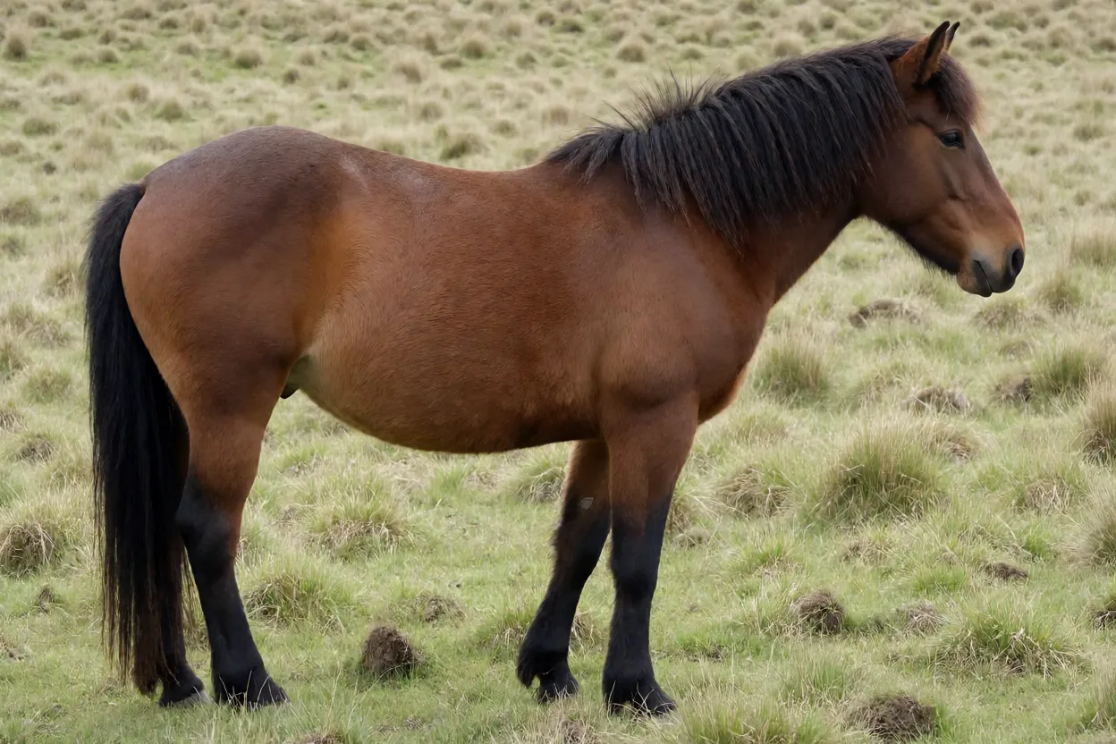 Cavalo Kaimanawa adulto de corpo inteiro em pastagem de tussock na Nova Zelândia